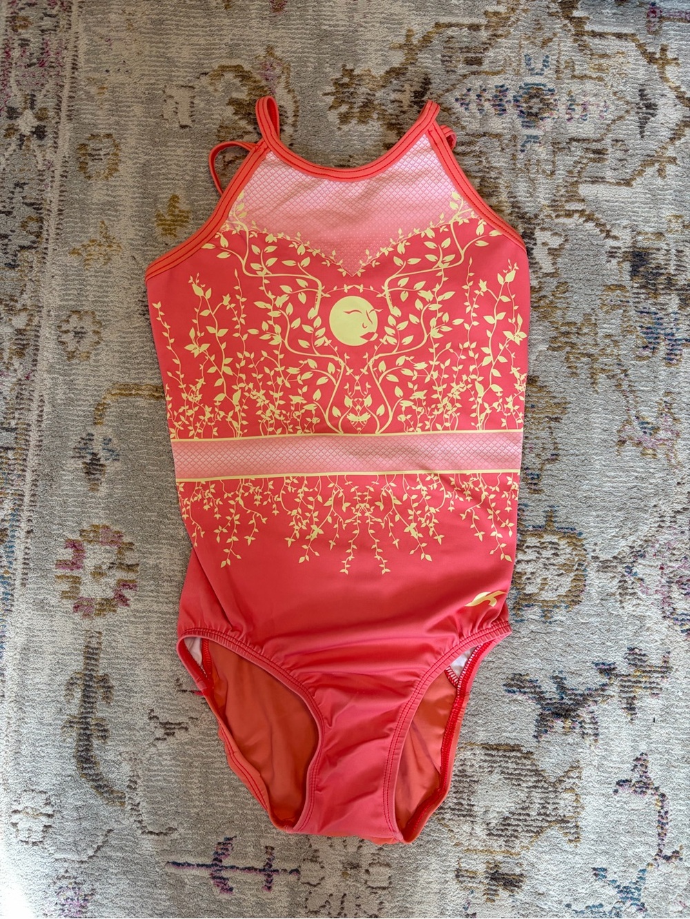GK Katelyn Ohashi Coral Pink Leotard with Yellow Floral Motif and Mesh Panel
